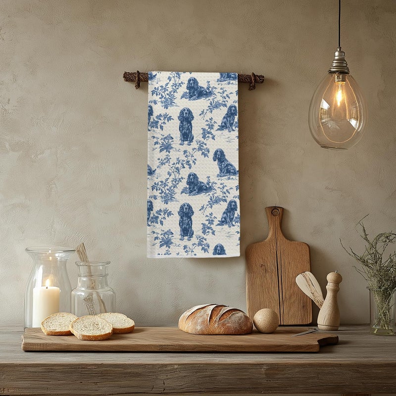 EKGJW Chinoiserie Cocker Spaniel Kitchen & Tea Towel for Women, Farmhouse Floral Dish & Hand Towel for Dog Lovers Moms,16x24 Inch - Image 4
